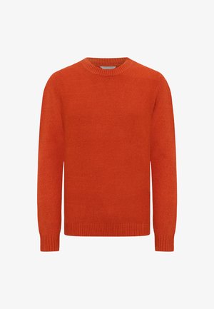 Oranger Wollpullover mit runder Ausschnitt, langen Ärmeln und gerippten Bündchen und Saum, mit weicher Textur und minimalem Design.