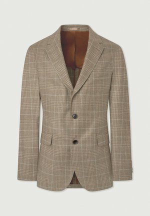 Braun kariertes Sakko mit taillierter Passform. Verfügt über einen Zwei-Knopf-Verschluss, Reverskragen und zwei Taschen vorne mit glattem Innenfutter.