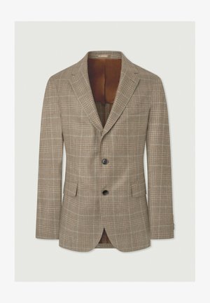 Brązowa marynarka w kratę o dopasowanym kroju. Posiada zapięcie na dwa guziki, klapy w stylu notch oraz dwie przednie kieszenie z gładką podszewką.