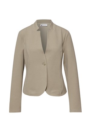 Blazer pour femme beige texturé avec manches longues, fermeture à bouton unique et petit col montant.