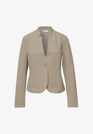 Blazer pour femme beige texturé avec manches longues, fermeture à bouton unique et petit col montant.