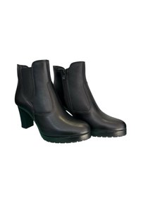 Un paio di stivaletti neri in pelle con tacco a blocco, cerniera laterale e pannelli elasticizzati per una calzata facile e confortevole.