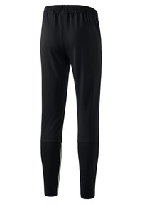 Schwarze Sporthose mit einer engen Passform, elastischem Bund und einem kontrastierenden weißen Streifen entlang der unteren Beine. Glattes, dehnbares Material.