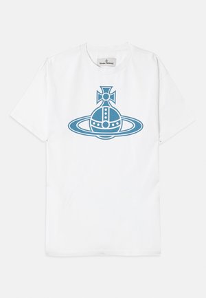 White cotton t-shirt featuring a blue graphic design of a stylized bomb encircled by a ring, with detailed elements like dots and a cross.