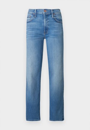 Light blue denim jeans with a straight fit, mid-rise waist, five pockets, and subtle fading on the thighs. Classic stitching in contrast color.