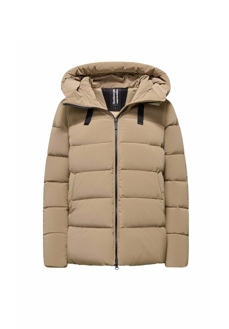 Beige pufferjack met een capuchon, voorzien van een voorste ritssluiting en zwarte banden, doorstikte design en een gladde textuur.