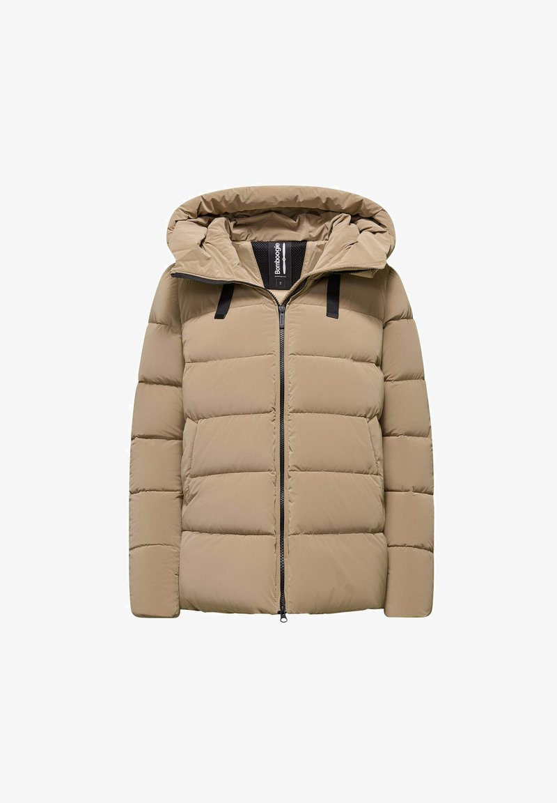Beige pufferjack met een capuchon, voorzien van een voorste ritssluiting en zwarte banden, doorstikte design en een gladde textuur.