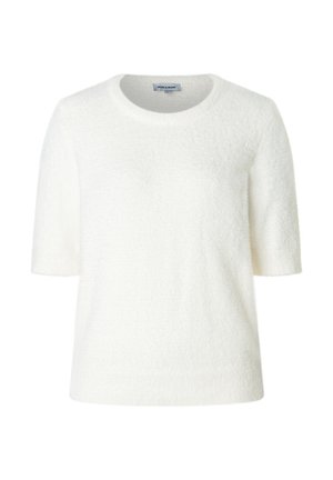 Weißer Kurzarmpullover aus einem strukturierten, flauschigen Material. Mit rundem Ausschnitt und geradem Saum. Einfaches Design ohne Muster.