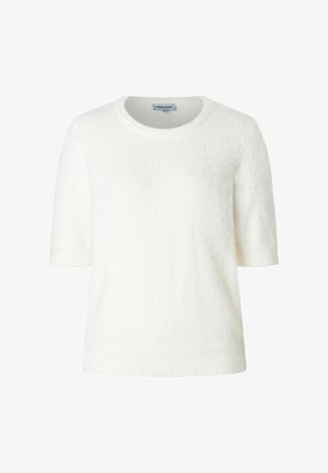 Weißer Kurzarmpullover aus einem strukturierten, flauschigen Material. Mit rundem Ausschnitt und geradem Saum. Einfaches Design ohne Muster.