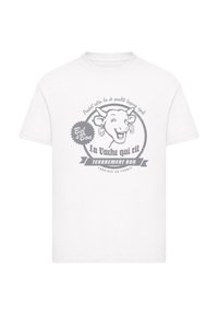 Weiße Baumwollt-Shirt mit einem grauen Grafik von einer lächelnden Kuh mit Ohrringen und Text, der "La Vache qui rit" in einem kreisförmigen Design liest.