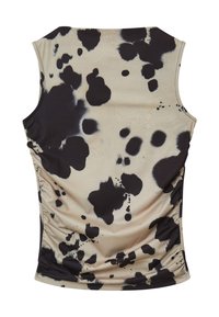 Top senza maniche di colore beige con macchie astratte nere. Presenta lati arricciati e una trama liscia. Il tessuto è leggero e leggermente elasticizzato.