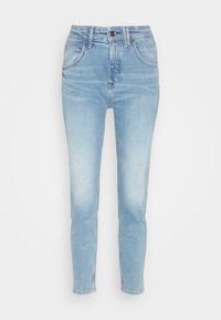 Vaaleansiniset farkut, joissa on korkea vyötärö, viisi taskua, hienovarainen haalistuminen ja suora lahjemuoto. Klassinen napitus ja vetoketju.