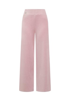 Rosa kordfløyelsbukser med høyt liv og vide ben, med ribbet tekstur og sømløst frontdesign, laget for avslappet eller uformell bruk.