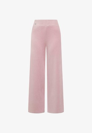 Roze corduroy broek met hoge taille en wijde pijpen, met een geribbelde textuur en een naadloze voorkant, ontworpen voor casual of loungekleding.