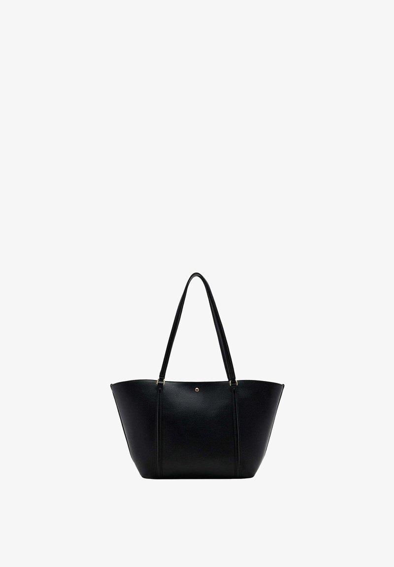 Sac fourre-tout noir avec deux anses fines, surface texturée et un petit accent métallique rond près du centre supérieur.