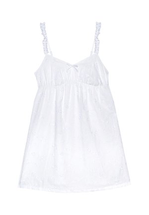 Weißes ärmelloses Kleid mit gerafften Trägern, tailliertem Bund, kleinem Schleifchen am Ausschnitt und dezentem Blumenstickerei-Muster im gesamten Stoff.