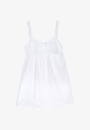 Robe blanche sans manches avec bretelles à volants, taille froncée, petit nœud au niveau de l'encolure et broderie florale subtile sur tout le tissu.
