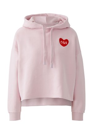 Rosa gekürzter Hoodie aus weichem Stoff, mit einem roten Herz-Patch mit dem eingestickten Wort "OUI", Kordelzug und gerippten Bündchen.