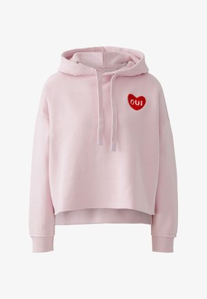Rosa gekürzter Hoodie aus weichem Stoff, mit einem roten Herz-Patch mit dem eingestickten Wort "OUI", Kordelzug und gerippten Bündchen.