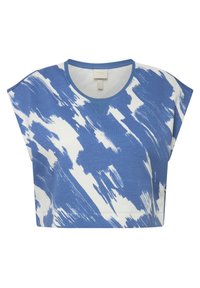 Camiseta corta azul y blanca de manga corta, con un patrón de pinceladas y un cuello redondo. Hecha de material de algodón suave.