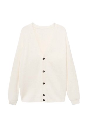 Crèmekleurige ribgebreide cardigan met een V-hals, voorzien van zes zwarte knopen aan de voorkant en lange mouwen. Zachte textuur en een relaxte pasvorm.