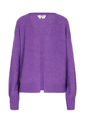 Purple cardigan made of soft material, featuring a V-neck, open front, and ribbed hems. Long sleeves with slight drop shoulders.
