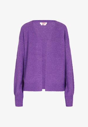 Cardigan viola realizzato in materiale morbido, con scollo a V, apertura frontale e bordi ribattuti. Maniche lunghe con spalle leggermente scese.