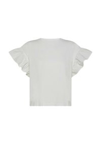 Top corto bianco a maniche corte con maniche a volants, scollatura rotonda e vestibilità ampia. Realizzato in tessuto leggero con una texture liscia.