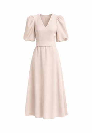 Beżowa sukienka midi z dekoltem w kształcie litery V, bufkami na rękawach i dopasowaną talią. Gładka struktura, zwiewna spódnica oraz prosta sylwetka.