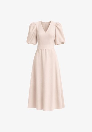 Beżowa sukienka midi z dekoltem w kształcie litery V, bufkami na rękawach i dopasowaną talią. Gładka struktura, zwiewna spódnica oraz prosta sylwetka.