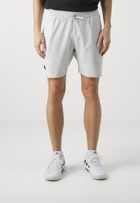 Shorts de sport gris clair avec une taille élastique et un cordon de serrage ; poches latérales ; finition avec un logo noir discret sur l'ourlet.