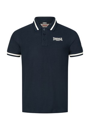 Marineblauwe poloshirt van katoen met een platte kraag, een sluiting met twee knopen en witte streepdetails op de mouwen. Met het Lonsdale-logo op de borst.