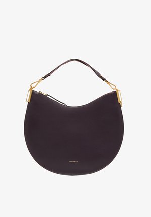 Runde Lederhandtasche in einem tiefen lila Farbton. Verfügt über einen kurzen, goldakzentuierten Tragegurt und eine äußere Reißverschlusstasche. Glatte Textur mit einer subtilen Maserung.