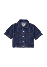 Korte mouwen denimjasje in donkerblauw, heeft twee voorzakken, vijf knopen en lichte contrasterende stiksels langs de naden.