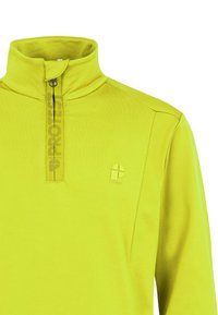 Pullover in fleece giallo con colletto alto e zip a metà. Presenta un tessuto testurizzato e un piccolo logo in rilievo sul lato sinistro.