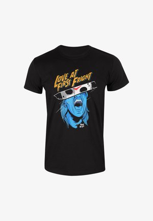Schwarzes Baumwoll-T-Shirt mit einer blauen Grafik eines schreienden Gesichts mit einer weißen und roten Maske, der Text lautet "Liebe auf den ersten Schrecken."