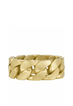Stevige gouden schakelhalsketting armband met getextureerde diagonale groeven op elke schakel, weergegeven op een witte achtergrond.
