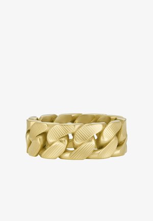 Bracelet chaîne épais en or avec des rainures diagonales texturées sur chaque maillon, présenté sur fond blanc.