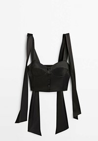 Black cropped bustier top with a structured silhouette, satin material, button front closure, and long ties extending from the shoulders.