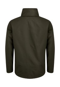 Olivgrön jacka sedd från baksidan, med en vikbar krage och långa ärmar, slät tyg med minimal detaljering.