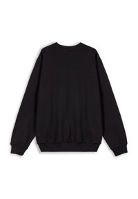 Zwarte sweatshirt met een ronde hals, lange mouwen en geribde manchetten. Heeft een gladde, matte textuur zonder zichtbare branding of versieringen.