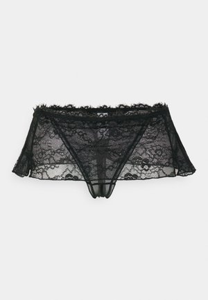 Black lace boyshorts featuring floral patterns, scalloped edges, and a sheer texture. Elastic waistband for a comfortable fit.