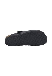 Sort ortopædisk sandal med en struktureret gummisål, korkfodbed og justerbar rem. Sålen har et mønstrede grebdesign.
