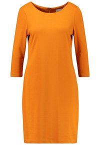 Orange dress made of soft fabric, featuring a round neckline, three-quarter sleeves, and a concealed back zipper for closure.