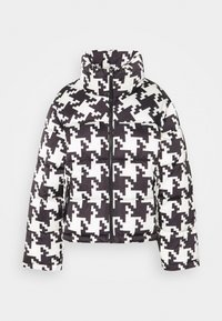 Svart och vit pufferjacka med hundtandsmönster, med hög krage, dragkedja och stoppat material för värme.