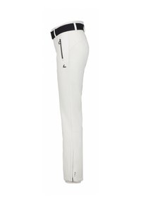 Weiße Golfhose mit schwarzem Bund, Reißverschluss-Taschen und taillierter Passform. Aus glattem, leichtem Material für Komfort und Bewegungsfreiheit.