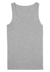 Gray cotton tank top with a scoop neckline, wide shoulder straps, and a smooth texture, featuring a simple, solid design.