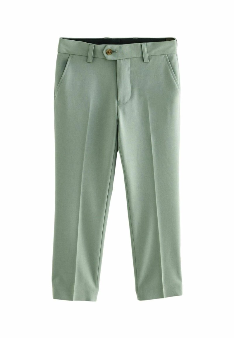 Pantalon vert clair ajusté avec passants pour ceinture, poches latérales, boutonnage frontal et fermeture éclair sur fond blanc.