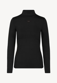 Zwarte coltrui met lange mouwen, gemaakt van soepel materiaal, met een subtiel logo in het midden. Eenvoudig, aansluitend ontwerp.
