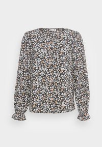 Blusa preta de manga longa com um padrão floral em azul, branco e bege. Apresenta mangas franzidas e detalhes em botões na parte da frente.